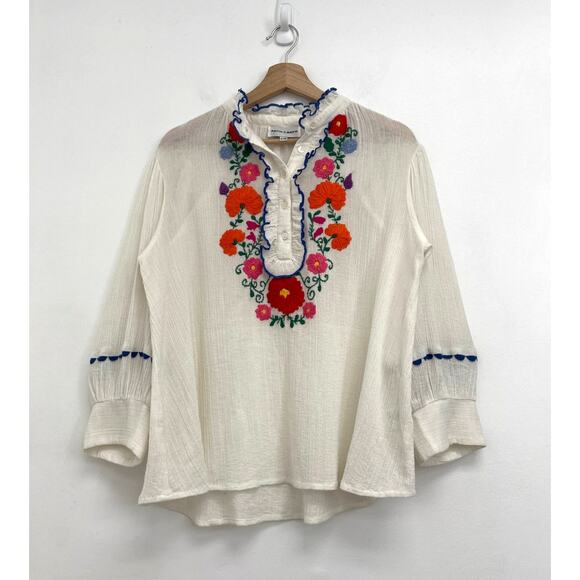 Antik Batik Floral Hand-Embroidered Ruffle Collar Clotilda Crepe Blouse - Small - Picture 13 of 14